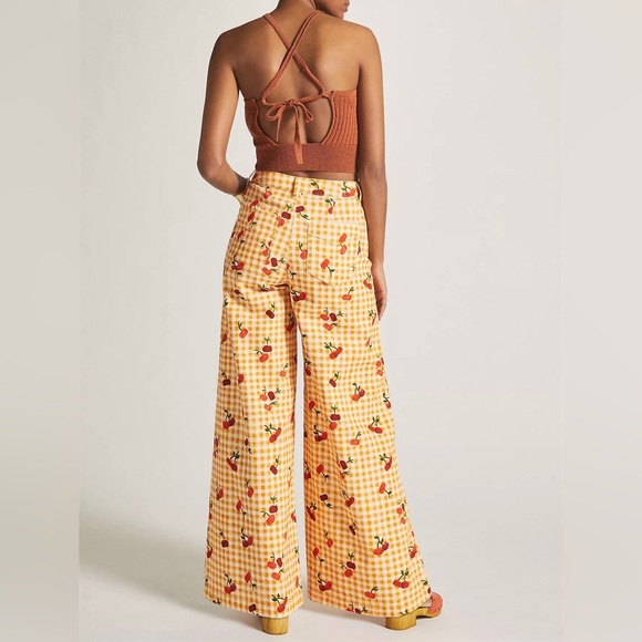 Farm x Anthropologie Gingham Cherry Wide-Leg Pants in yellow size L - Picture 3 of 8